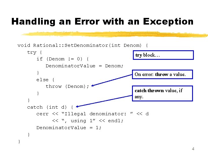 Handling an Error with an Exception void Rational: : Set. Denominator(int Denom) { try