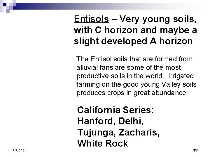 Entisols – Very young soils, with C horizon and maybe a slight developed A Entisols – Very young soils, with C horizon and maybe a slight developed A