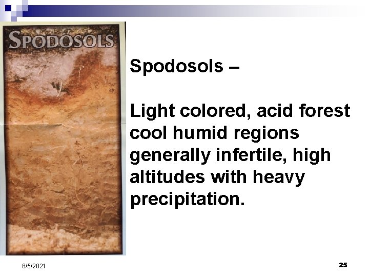 Spodosols – Light colored, acid forest cool humid regions generally infertile, high altitudes with Spodosols – Light colored, acid forest cool humid regions generally infertile, high altitudes with