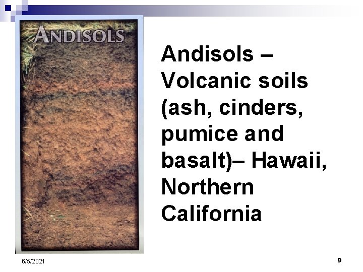 Andisols – Volcanic soils (ash, cinders, pumice and basalt)– Hawaii, Northern California 6/5/2021 9 Andisols – Volcanic soils (ash, cinders, pumice and basalt)– Hawaii, Northern California 6/5/2021 9