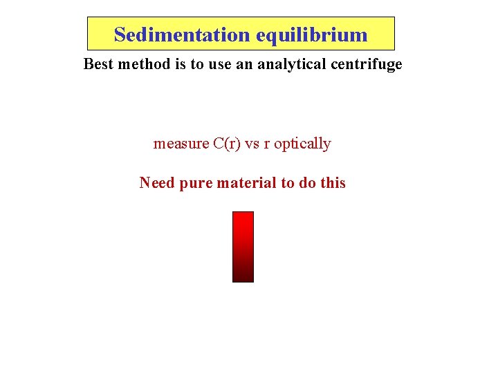 Sedimentation equilibrium Best method is to use an analytical centrifuge measure C(r) vs r Sedimentation equilibrium Best method is to use an analytical centrifuge measure C(r) vs r