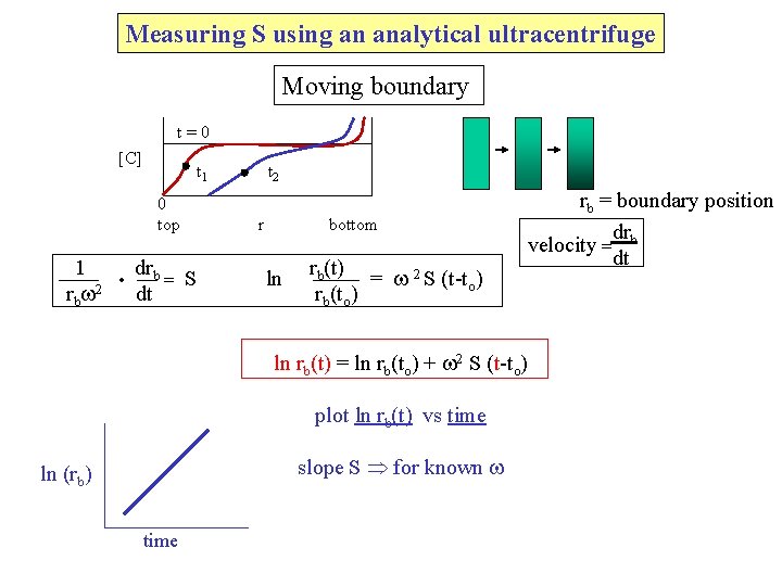 Measuring S using an analytical ultracentrifuge Moving boundary t=0 [C] t 1 0 top