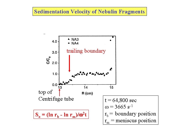 Sedimentation Velocity of Nebulin Fragments trailing boundary top of Centrifuge tube So = (ln Sedimentation Velocity of Nebulin Fragments trailing boundary top of Centrifuge tube So = (ln