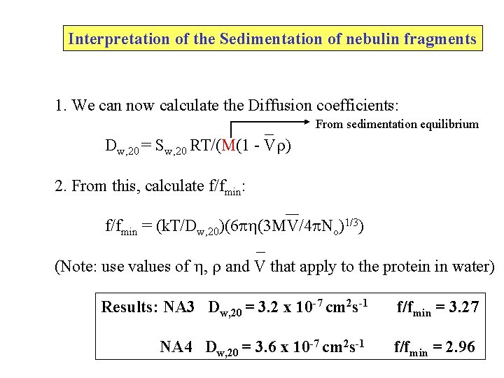 Interpretation of the Sedimentation of nebulin fragments 1. We can now calculate the Diffusion Interpretation of the Sedimentation of nebulin fragments 1. We can now calculate the Diffusion