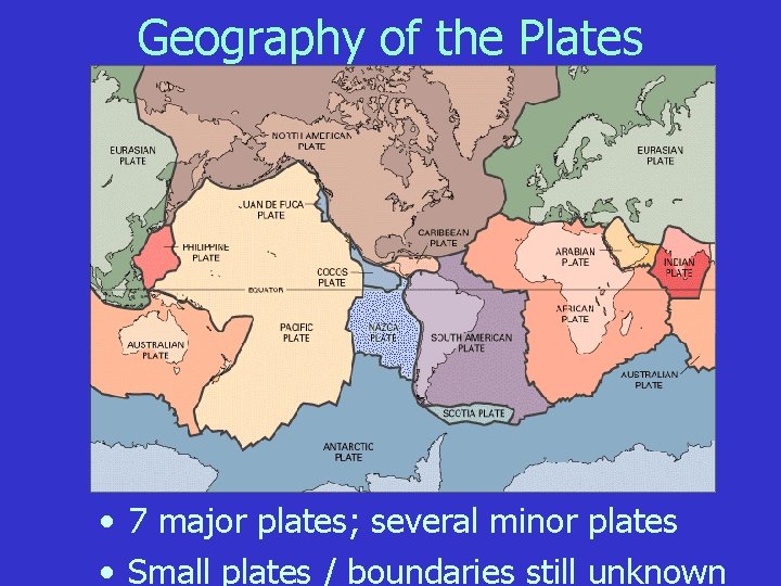 Geography of the Plates • 7 major plates; several minor plates • Small plates