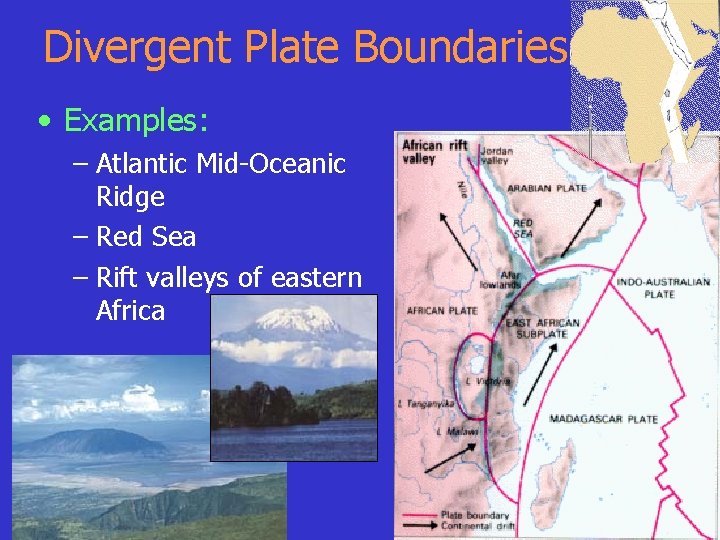 Divergent Plate Boundaries • Examples: – Atlantic Mid-Oceanic Ridge – Red Sea – Rift