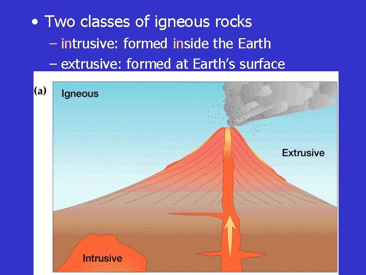  • Two classes of igneous rocks – intrusive: formed inside the Earth –