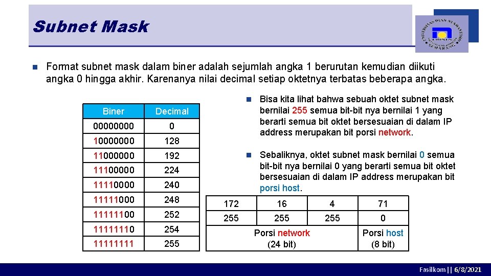 Subnet Mask n Format subnet mask dalam biner adalah sejumlah angka 1 berurutan kemudian