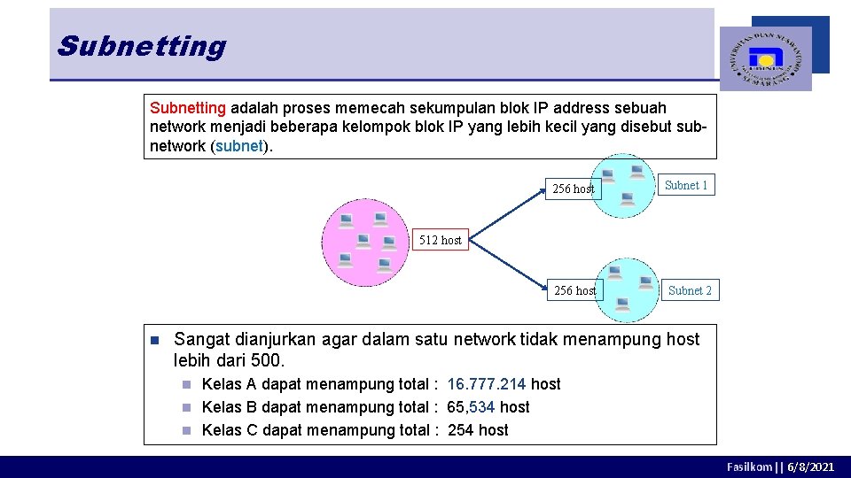 Subnetting adalah proses memecah sekumpulan blok IP address sebuah network menjadi beberapa kelompok blok