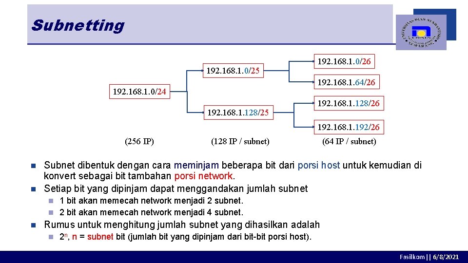 Subnetting 192. 168. 1. 0/25 192. 168. 1. 0/26 192. 168. 1. 64/26 192.