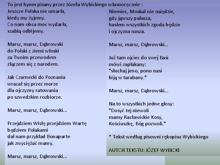 To jest hymn pisany przez Józefa Wybickiego własnoręcznie : Jeszcze Polska nie umarła, Niemiec,