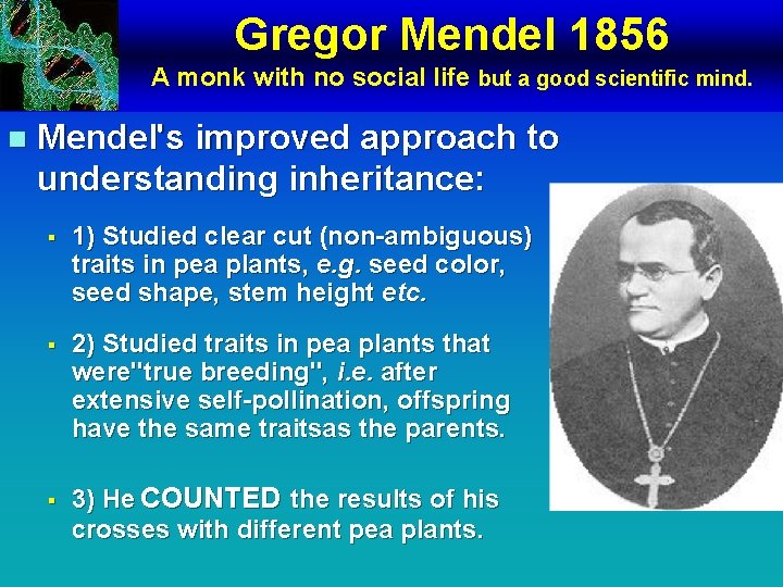 Gregor Mendel 1856 A monk with no social life but a good scientific mind.