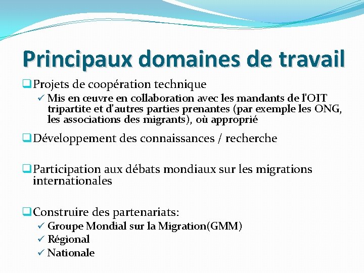 Principaux domaines de travail q Projets de coopération technique ü Mis en œuvre en