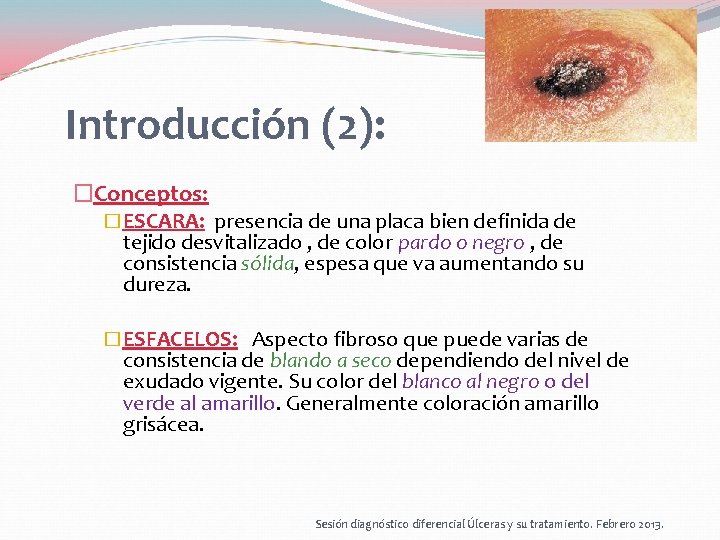 Introducción (2): �Conceptos: �ESCARA: presencia de una placa bien definida de tejido desvitalizado , Introducción (2): �Conceptos: �ESCARA: presencia de una placa bien definida de tejido desvitalizado ,