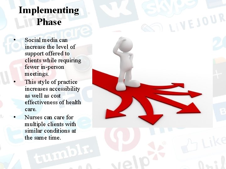 Implementing Phase • • • Social media can increase the level of support offered