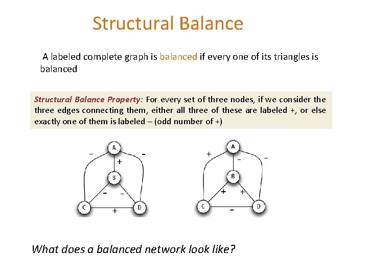 Structural Balance A labeled complete graph is balanced if every one of its triangles Structural Balance A labeled complete graph is balanced if every one of its triangles