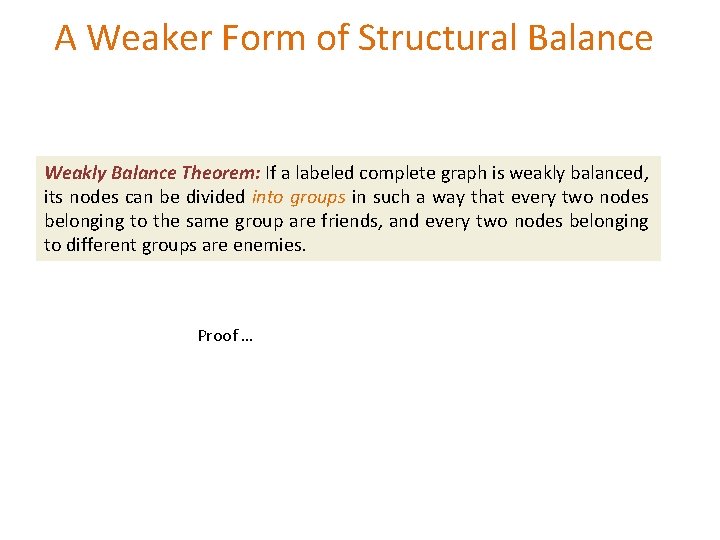 A Weaker Form of Structural Balance Weakly Balance Theorem: If a labeled complete graph A Weaker Form of Structural Balance Weakly Balance Theorem: If a labeled complete graph