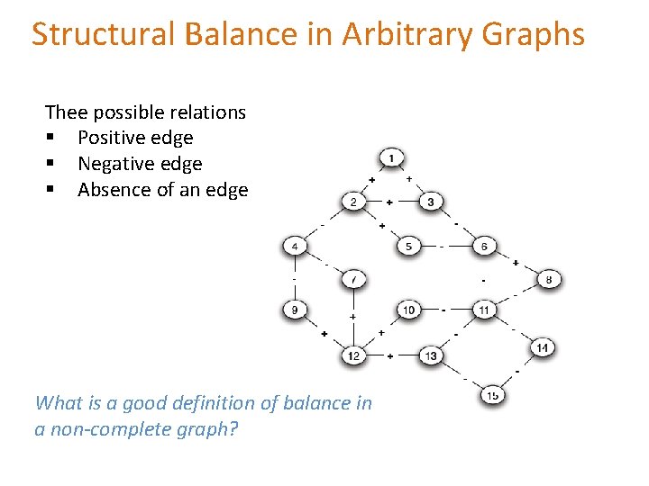 Structural Balance in Arbitrary Graphs Thee possible relations § Positive edge § Negative edge Structural Balance in Arbitrary Graphs Thee possible relations § Positive edge § Negative edge