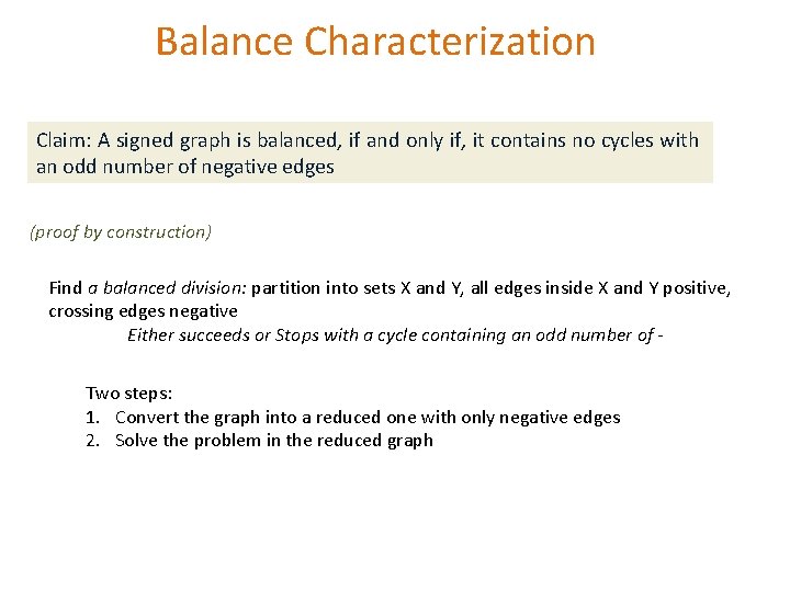 Balance Characterization Claim: A signed graph is balanced, if and only if, it contains Balance Characterization Claim: A signed graph is balanced, if and only if, it contains