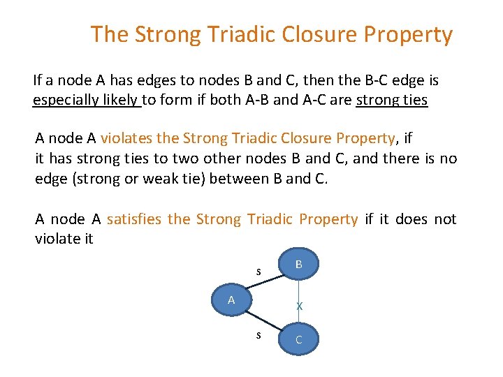 The Strong Triadic Closure Property If a node A has edges to nodes B The Strong Triadic Closure Property If a node A has edges to nodes B