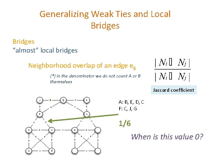 Generalizing Weak Ties and Local Bridges “almost” local bridges Neighborhood overlap of an edge Generalizing Weak Ties and Local Bridges “almost” local bridges Neighborhood overlap of an edge