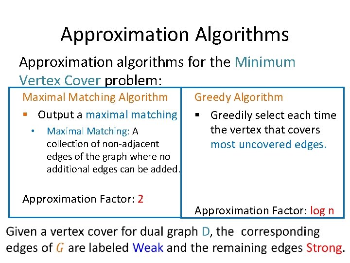 Approximation Algorithms Approximation algorithms for the Minimum Vertex Cover problem: Maximal Matching Algorithm § Approximation Algorithms Approximation algorithms for the Minimum Vertex Cover problem: Maximal Matching Algorithm §