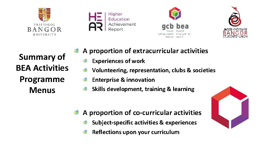 Summary of BEA Activities Programme Menus A proportion of extracurricular activities Experiences of work Summary of BEA Activities Programme Menus A proportion of extracurricular activities Experiences of work