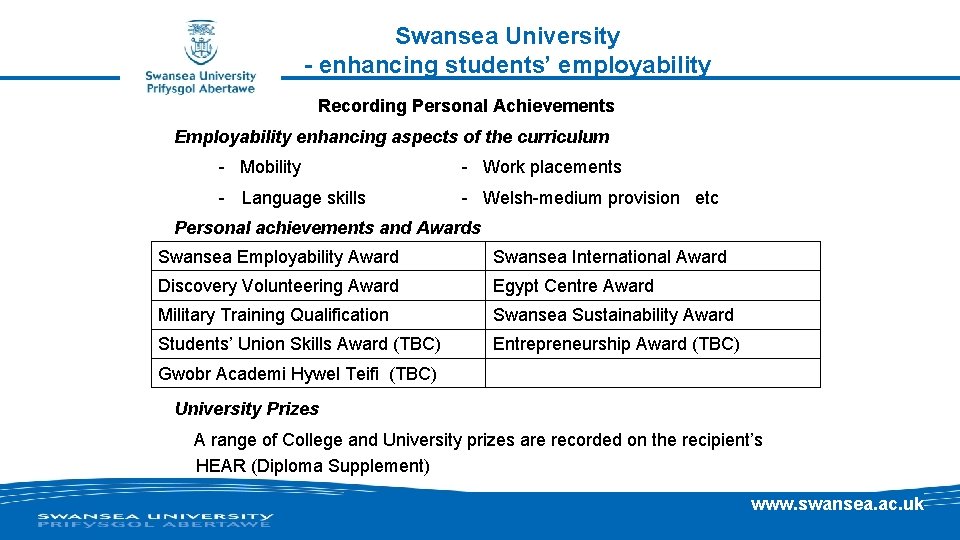 Swansea University - enhancing students’ employability Section 6. 1 Recording Personal Achievements Employability enhancing Swansea University - enhancing students’ employability Section 6. 1 Recording Personal Achievements Employability enhancing