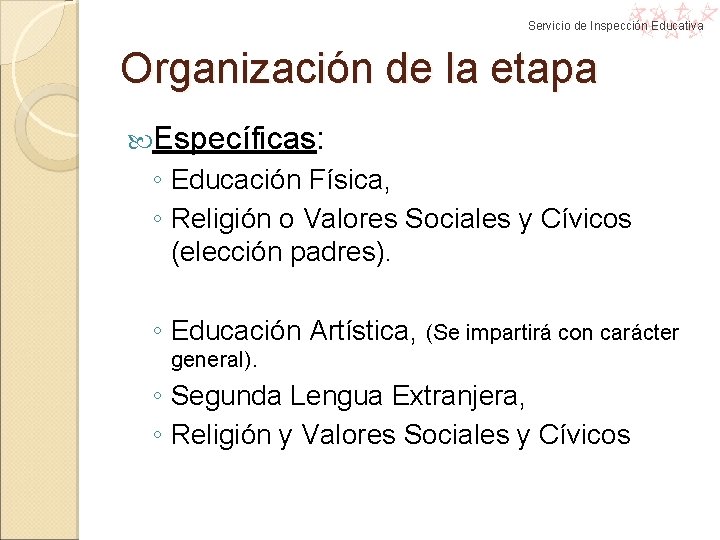 Servicio de Inspección Educativa Organización de la etapa Específicas: ◦ Educación Física, ◦ Religión Servicio de Inspección Educativa Organización de la etapa Específicas: ◦ Educación Física, ◦ Religión