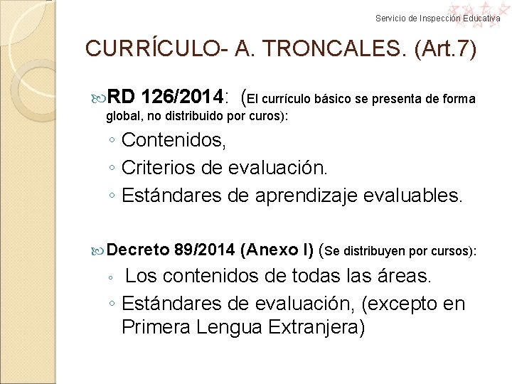 Servicio de Inspección Educativa CURRÍCULO- A. TRONCALES. (Art. 7) RD 126/2014: (El currículo básico Servicio de Inspección Educativa CURRÍCULO- A. TRONCALES. (Art. 7) RD 126/2014: (El currículo básico