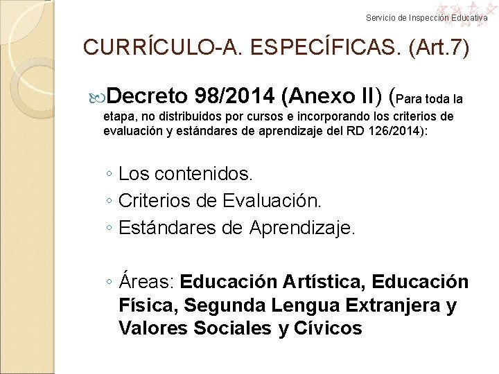 Servicio de Inspección Educativa CURRÍCULO-A. ESPECÍFICAS. (Art. 7) Decreto 98/2014 (Anexo II) (Para toda Servicio de Inspección Educativa CURRÍCULO-A. ESPECÍFICAS. (Art. 7) Decreto 98/2014 (Anexo II) (Para toda