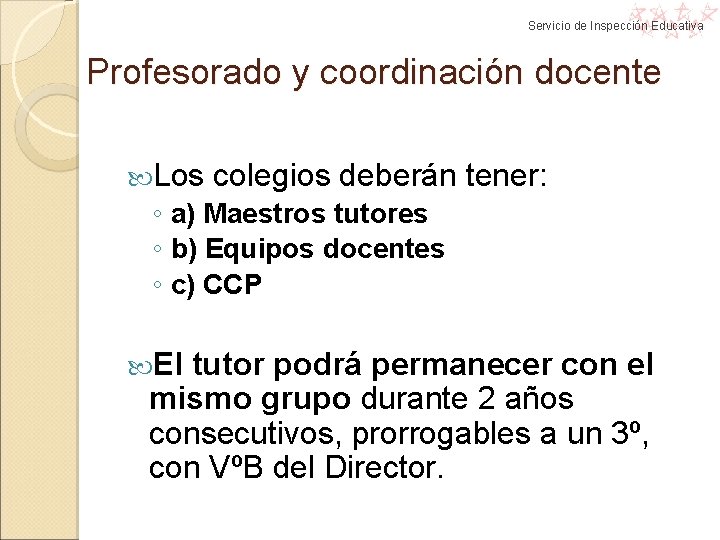 Servicio de Inspección Educativa Profesorado y coordinación docente Los colegios deberán tener: ◦ a) Servicio de Inspección Educativa Profesorado y coordinación docente Los colegios deberán tener: ◦ a)