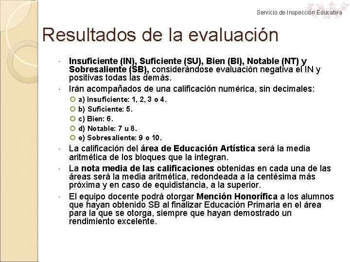 Servicio de Inspección Educativa Resultados de la evaluación Insuficiente (IN), Suficiente (SU), Bien (BI), Servicio de Inspección Educativa Resultados de la evaluación Insuficiente (IN), Suficiente (SU), Bien (BI),