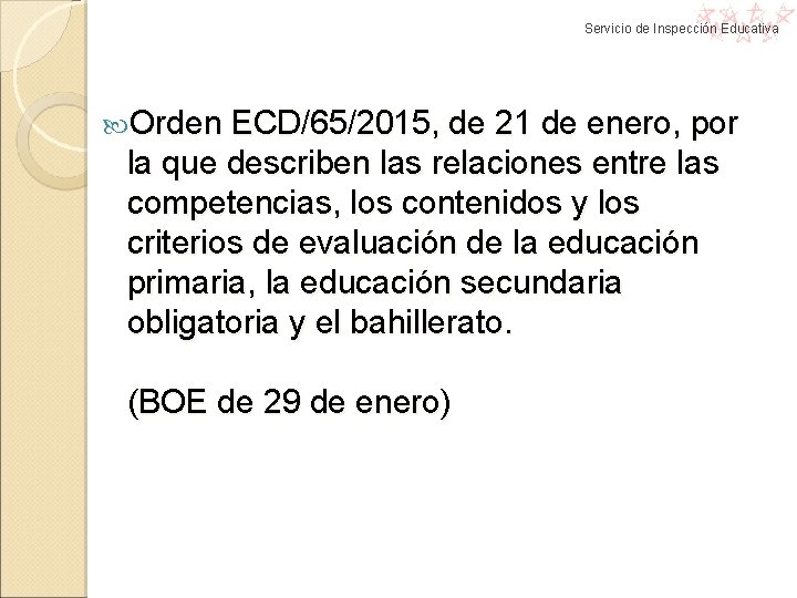 Servicio de Inspección Educativa Orden ECD/65/2015, de 21 de enero, por la que describen Servicio de Inspección Educativa Orden ECD/65/2015, de 21 de enero, por la que describen