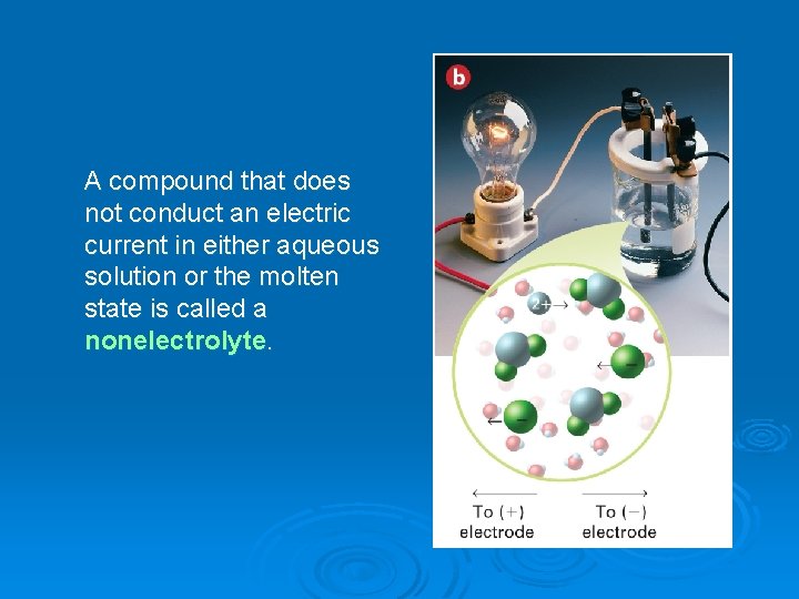 A compound that does not conduct an electric current in either aqueous solution or