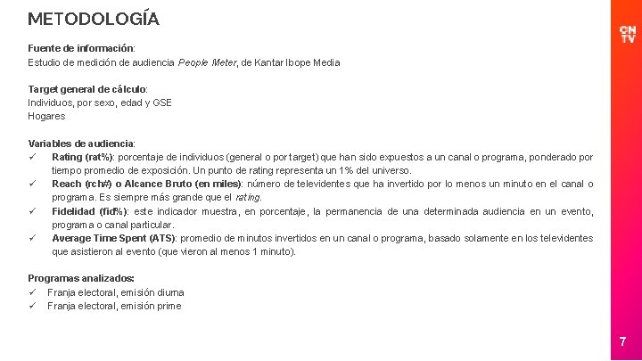 METODOLOGÍA Fuente de información: Estudio de medición de audiencia People Meter, de Kantar Ibope