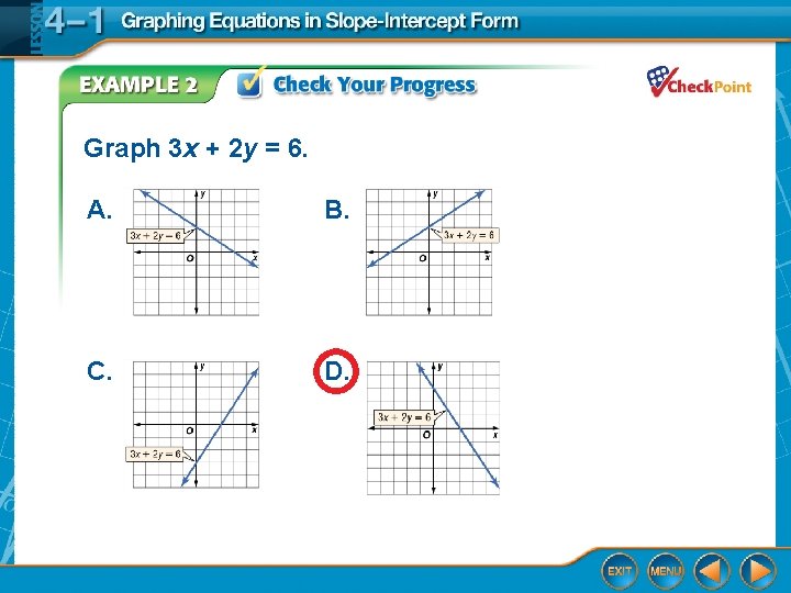 Graph 3 x + 2 y = 6. A. B. C. D. 