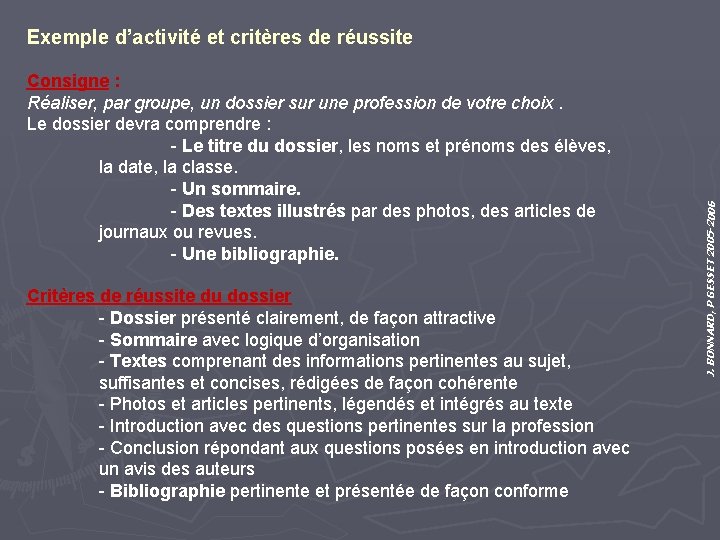 Consigne : Réaliser, par groupe, un dossier sur une profession de votre choix. Le