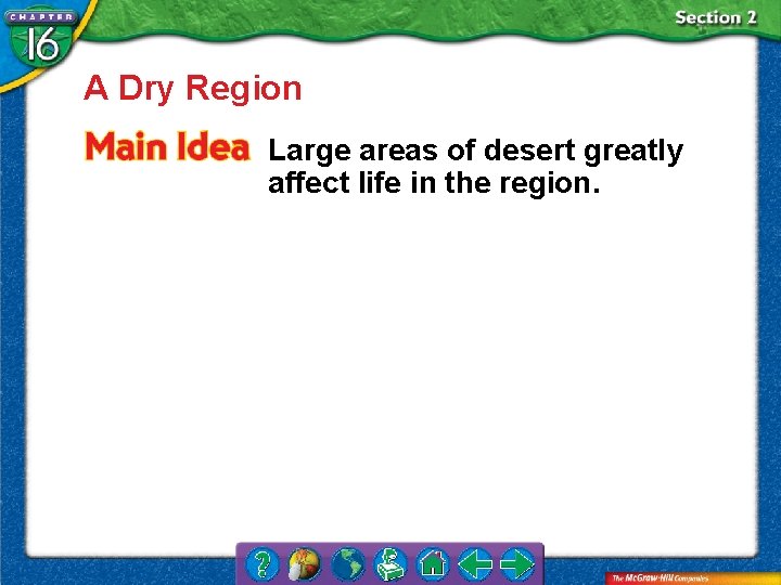 A Dry Region Large areas of desert greatly affect life in the region. 