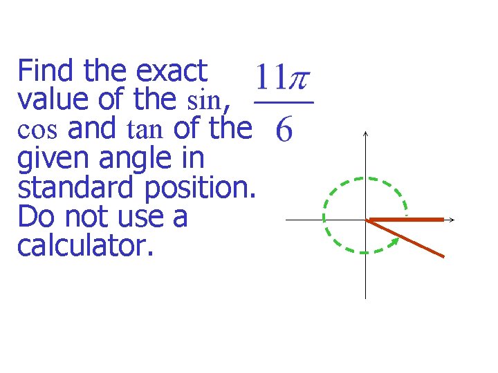 Find the exact value of the sin, cos and tan of the given angle