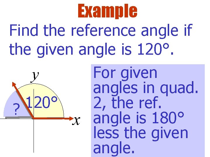 Example Find the reference angle if the given angle is 120°. For given y