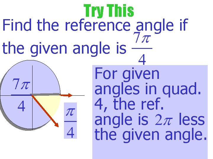 Try This Find the reference angle if the given angle is For given angles