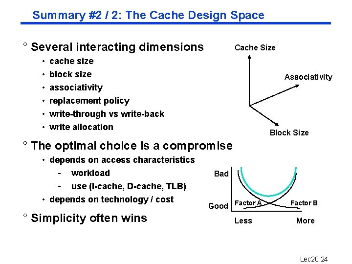 Summary #2 / 2: The Cache Design Space ° Several interacting dimensions • •