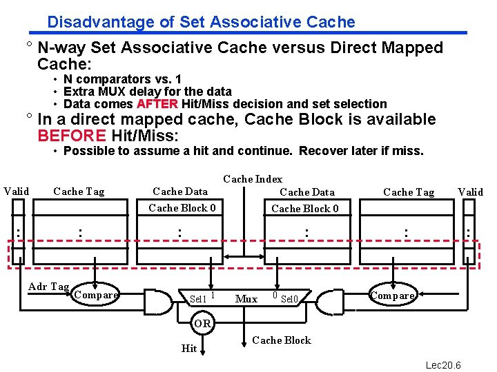 Disadvantage of Set Associative Cache ° N-way Set Associative Cache versus Direct Mapped Cache: