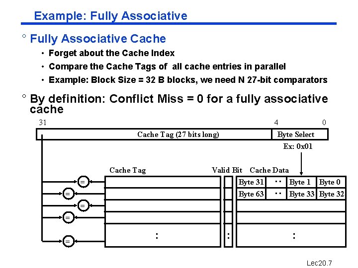 Example: Fully Associative ° Fully Associative Cache • Forget about the Cache Index •