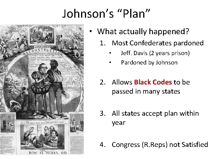 Johnson’s “Plan” • What actually happened? 1. Most Confederates pardoned • • Jeff. Davis