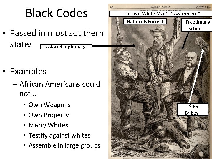 Black Codes • Passed in most southern states “colored orphanage” “This is a White