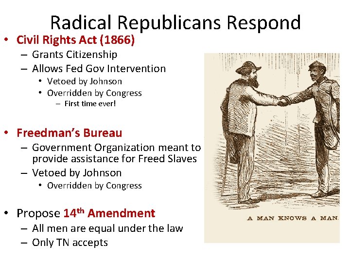 Radical Republicans Respond • Civil Rights Act (1866) – Grants Citizenship – Allows Fed