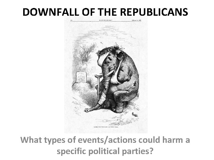 DOWNFALL OF THE REPUBLICANS What types of events/actions could harm a specific political parties?