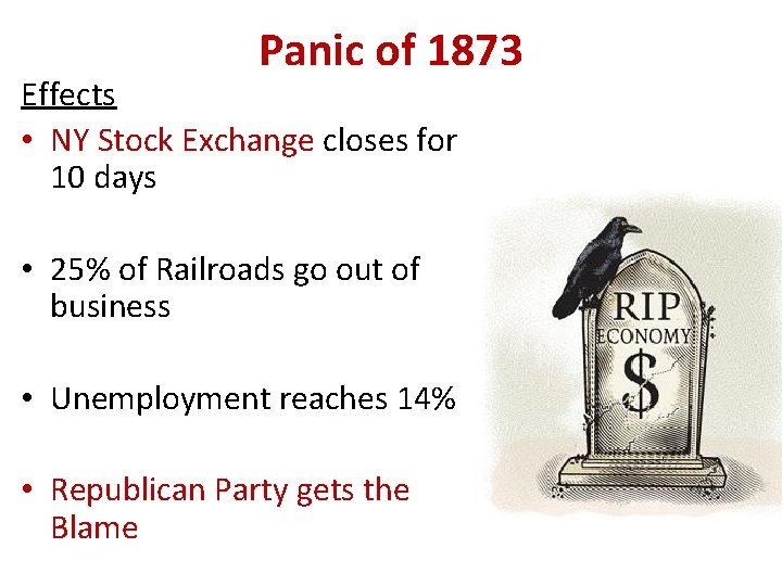 Panic of 1873 Effects • NY Stock Exchange closes for 10 days • 25%